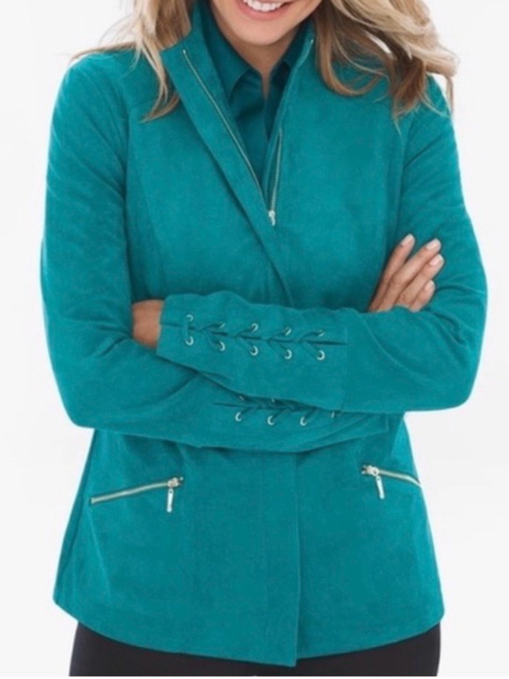 Chico's Faux Suede Zip Jacket Size 3, US 16/18, Teal green lace up sleeve detail